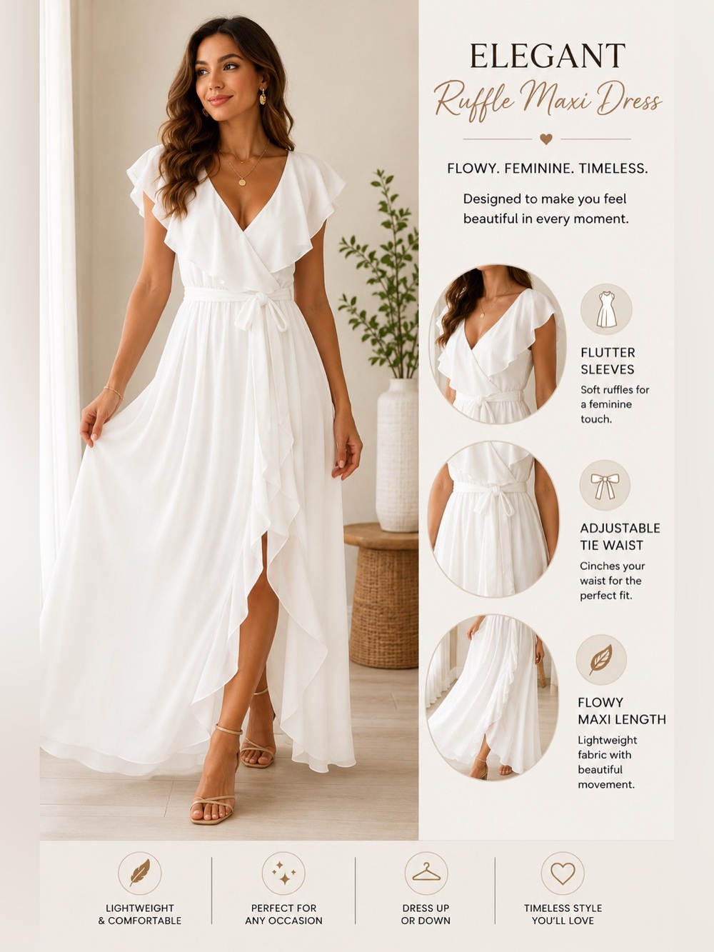 Simplee Apparel White Ruffle Wrap Maxi Dress
